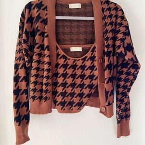 Cropped Black and Tan Houndstooth Cardigan Set